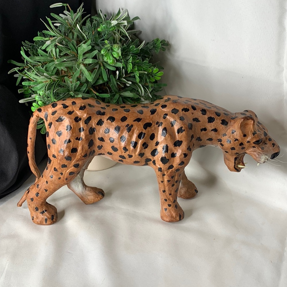 Large Vintage hand crafted leather leopard figure